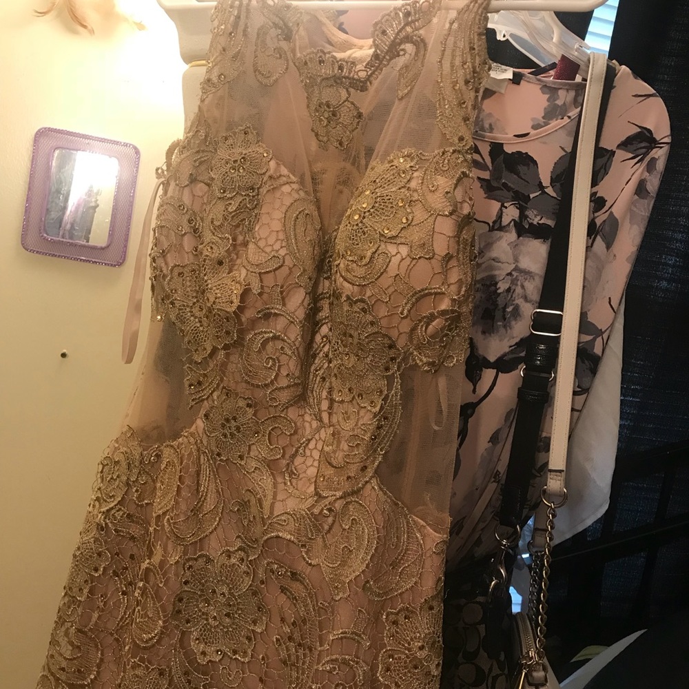 Beautiful Gold Prom Dress w/Embroidery & Sheer